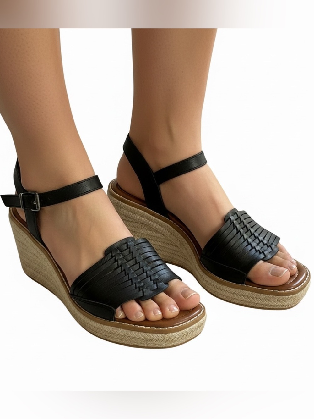 Crown Vintage Hendra Espadrille Wedge Sandals Black Leather Strappy Size 8.5 M